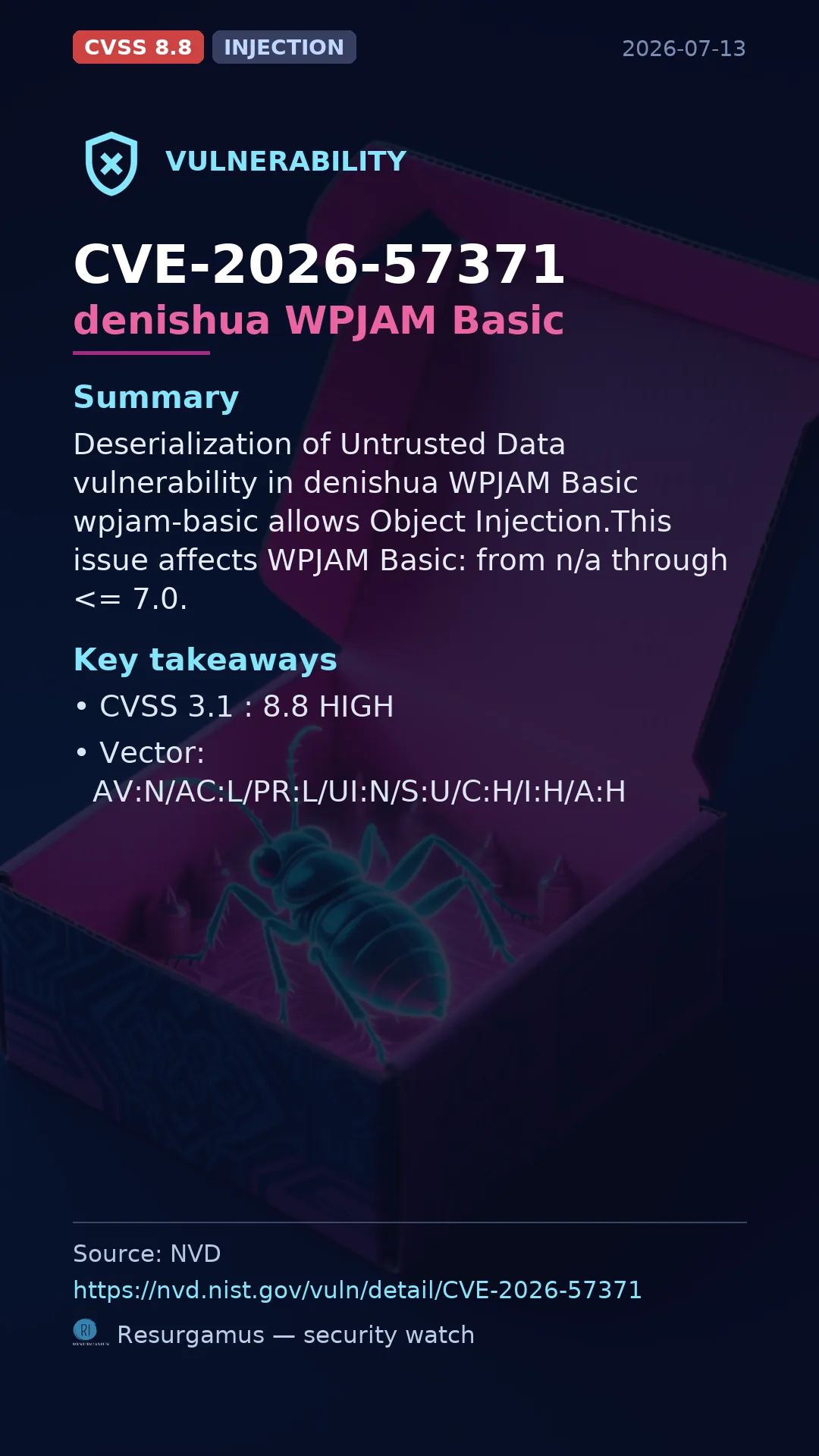 CVE-2026-57371 denishua WPJAM Basic Vulnerability
