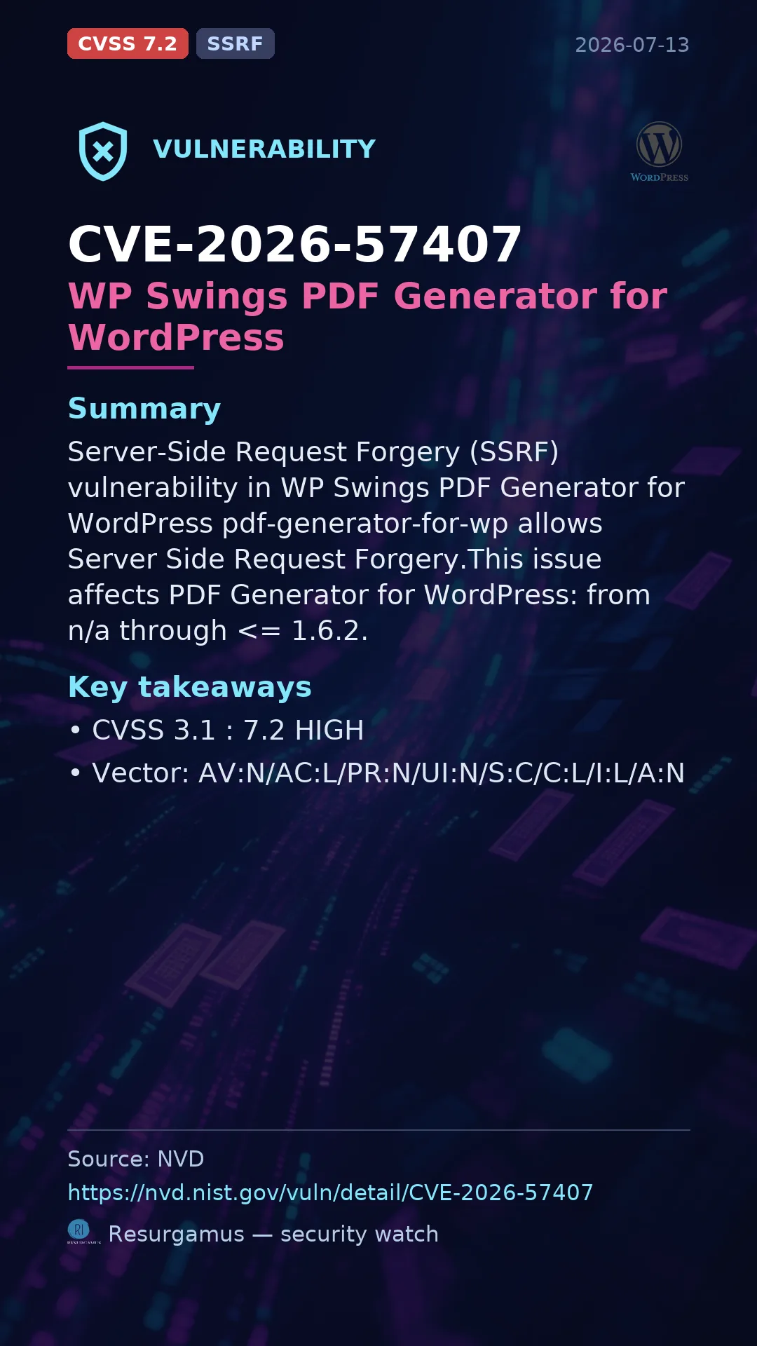 CVE-2026-57407 WP Swings PDF Generator for WordPress Vulnerability