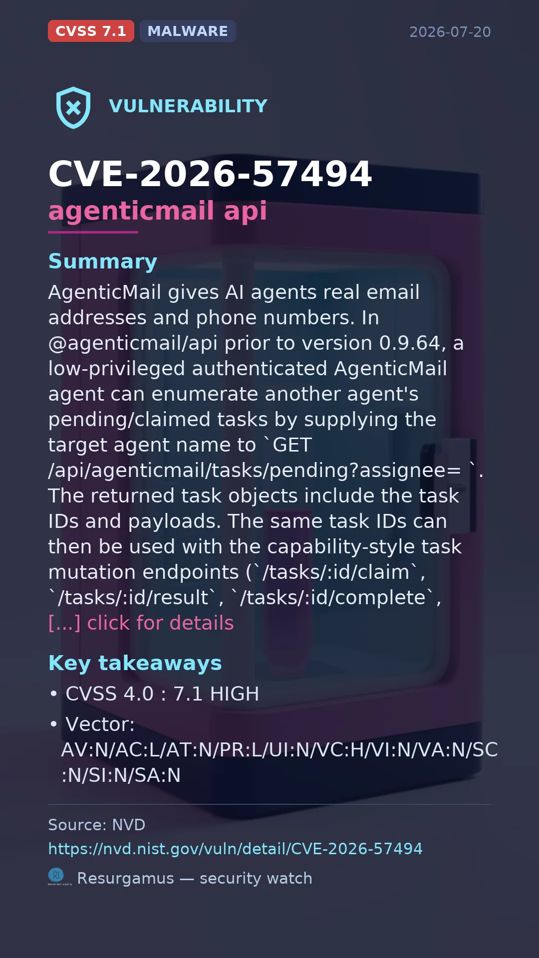 CVE-2026-57494 agenticmail api Vulnerability