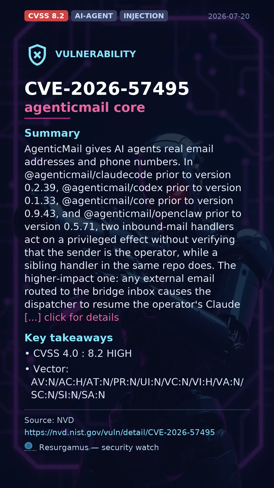 CVE-2026-57495 agenticmail core Vulnerability