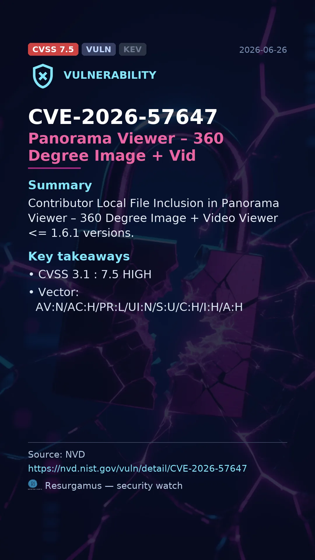 CVE-2026-57647 Panorama Viewer – 360 Degree Image + Vid Vulnerability