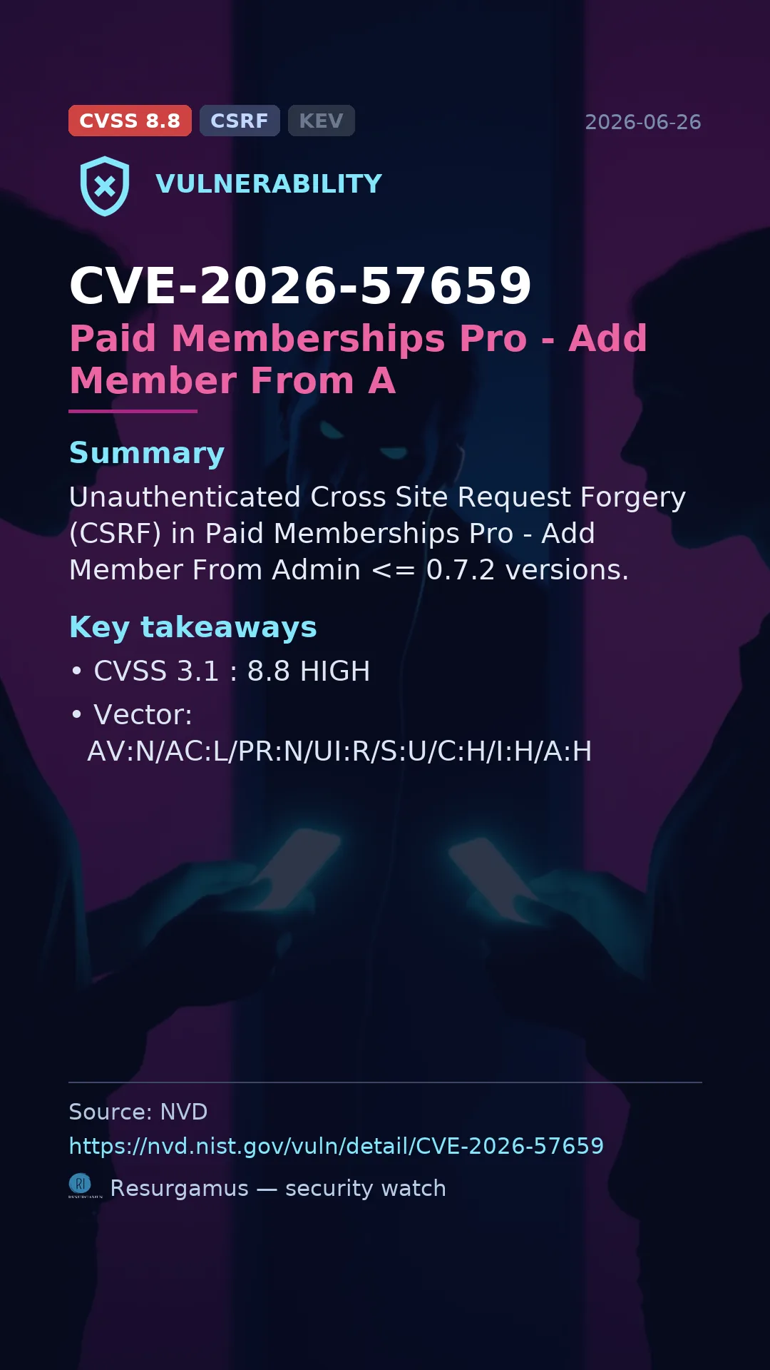 CVE-2026-57659 Paid Memberships Pro - Add Member From A Vulnerability