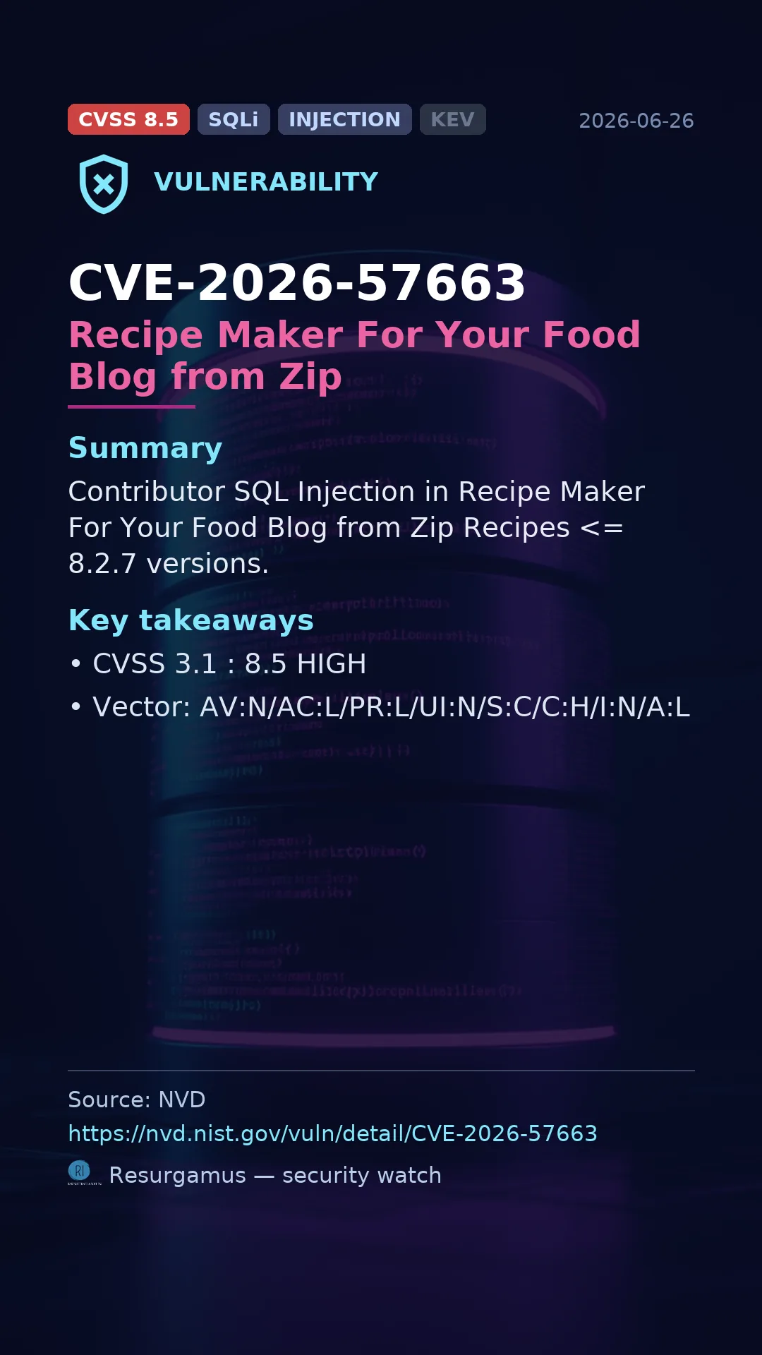 CVE-2026-57663 Recipe Maker For Your Food Blog from Zip Vulnerability