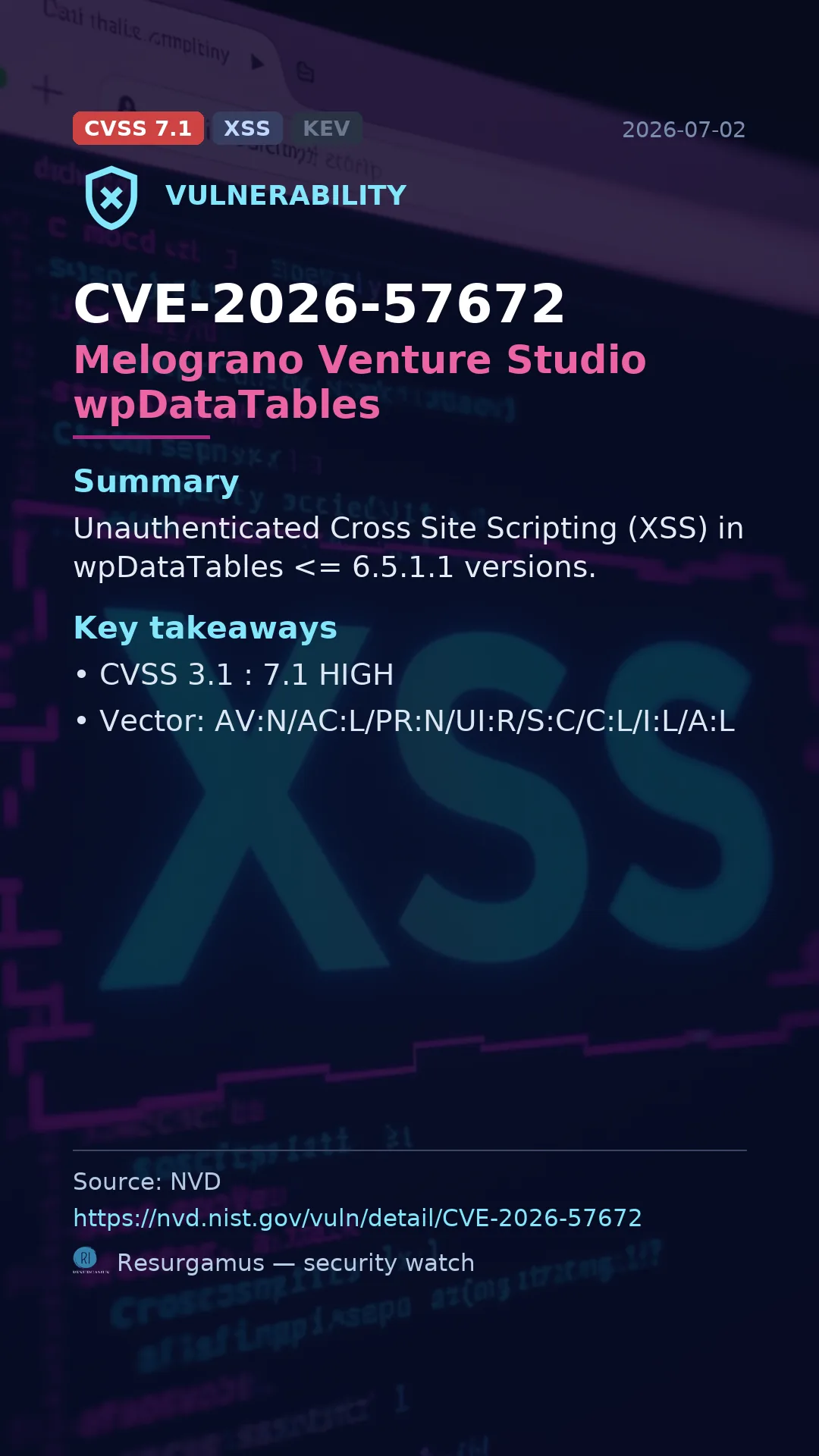CVE-2026-57672 Melograno Venture Studio wpDataTables Vulnerability