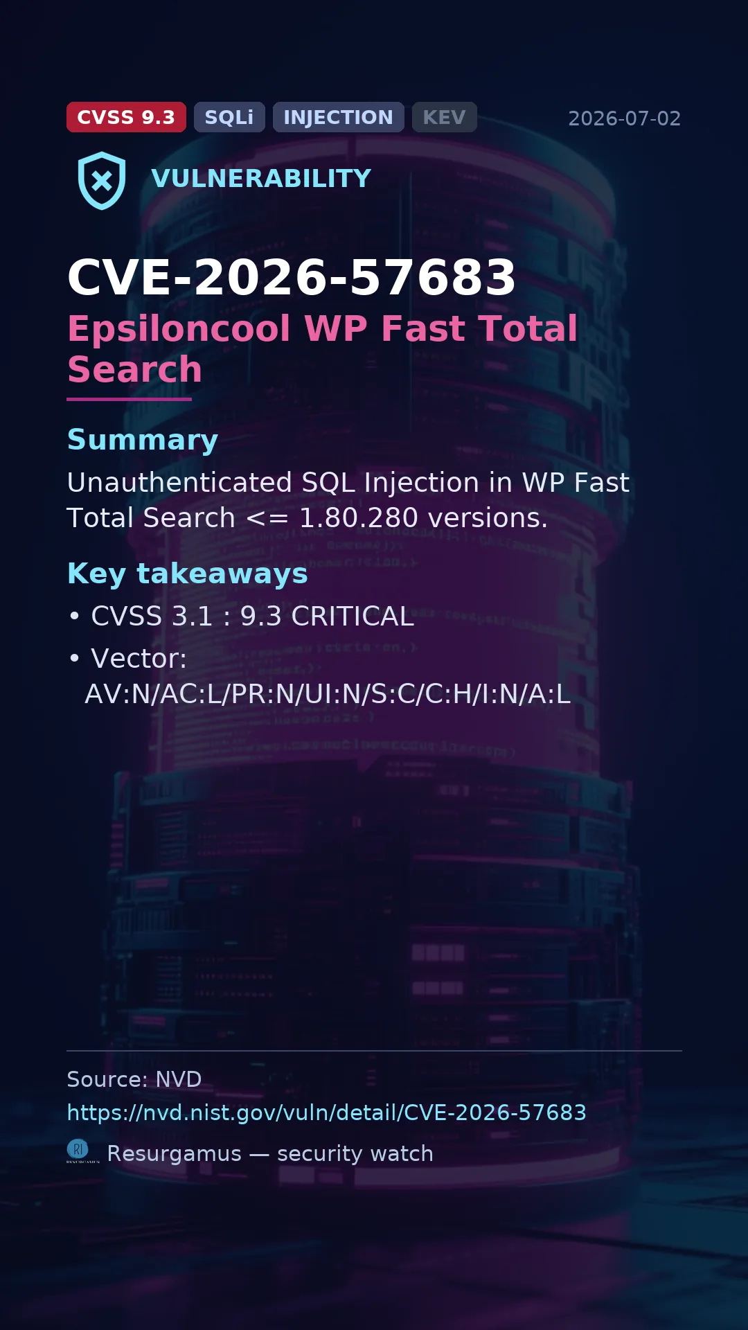 CVE-2026-57683 Epsiloncool WP Fast Total Search Vulnerability
