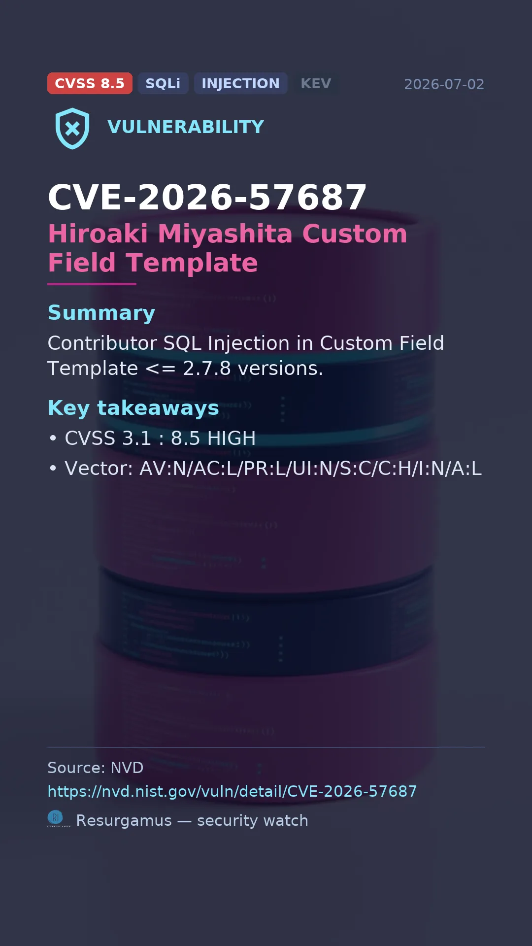CVE-2026-57687 Hiroaki Miyashita Custom Field Template Vulnerability