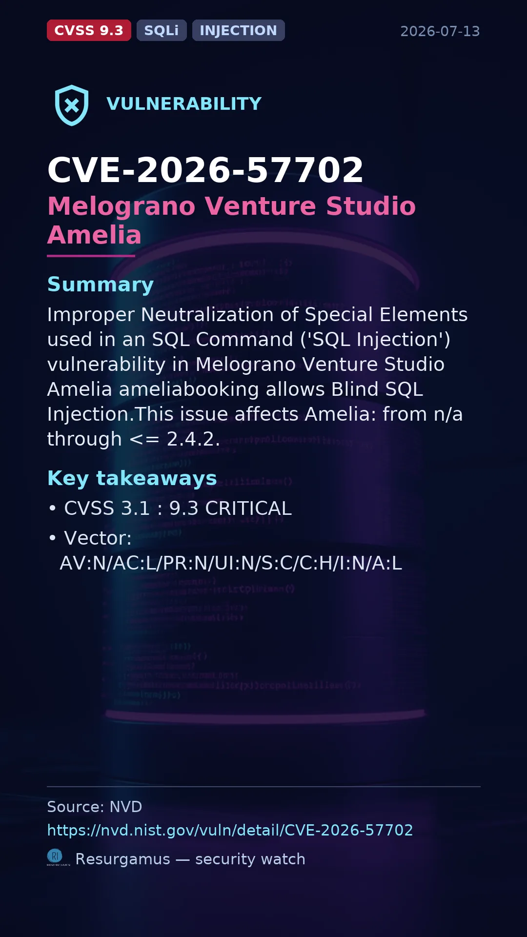 CVE-2026-57702 Melograno Venture Studio Amelia Vulnerability
