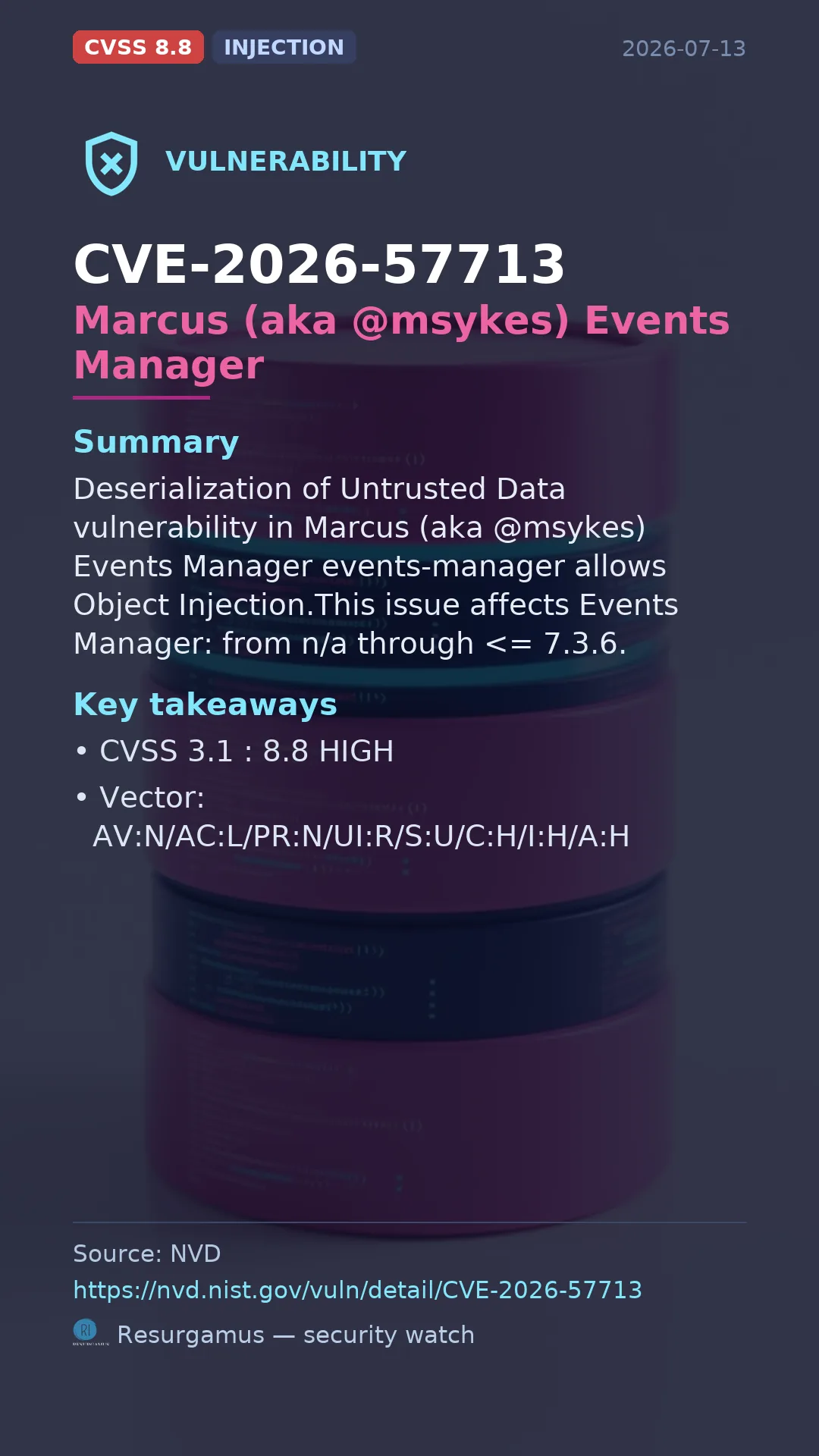 CVE-2026-57713 Marcus (aka @msykes) Events Manager Vulnerability
