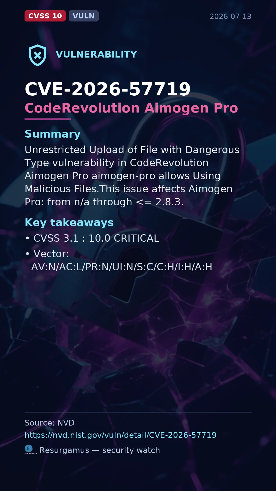 CVE-2026-57719 CodeRevolution Aimogen Pro Vulnerability