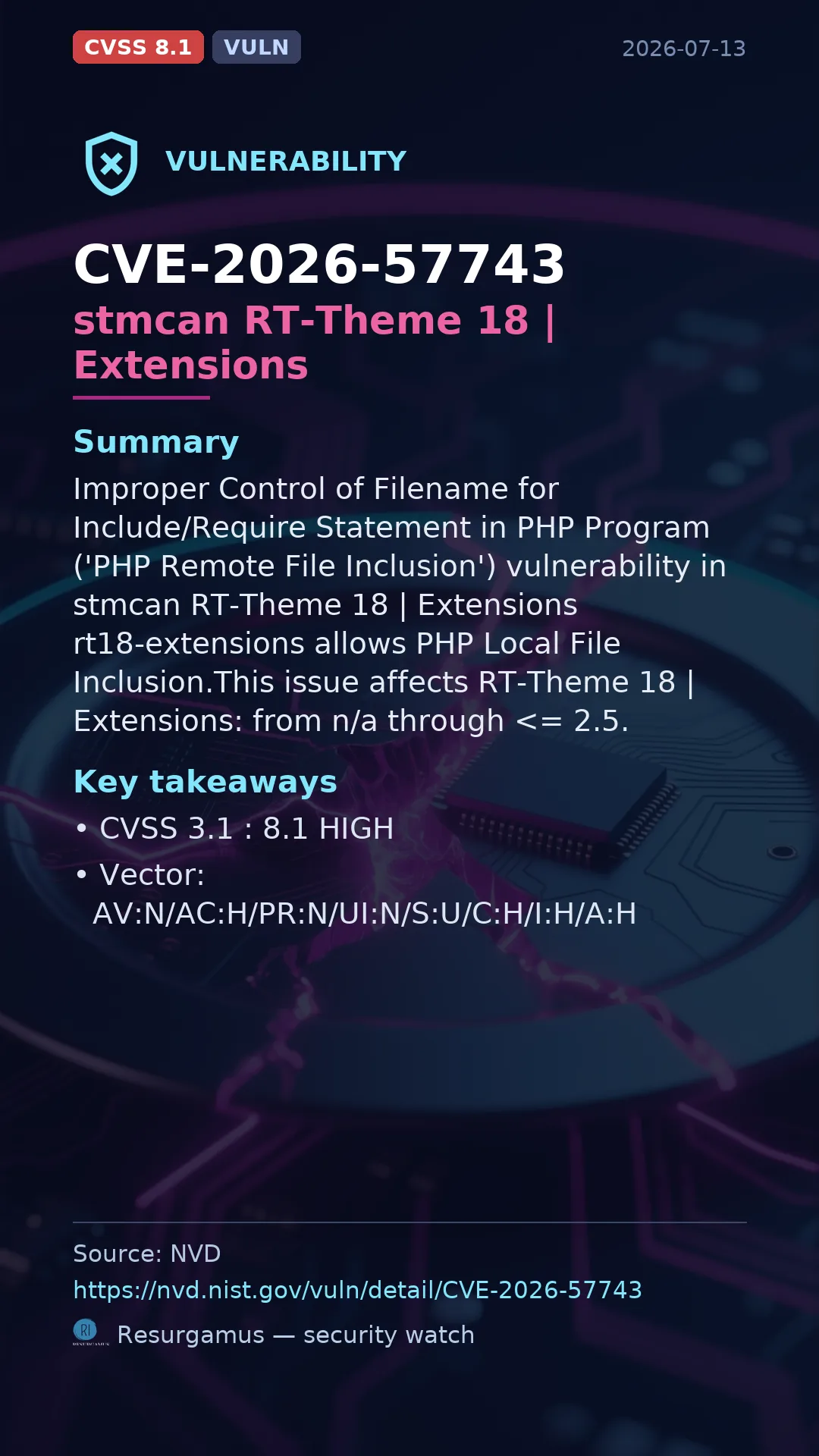 CVE-2026-57743 stmcan RT-Theme 18 | Extensions Vulnerability