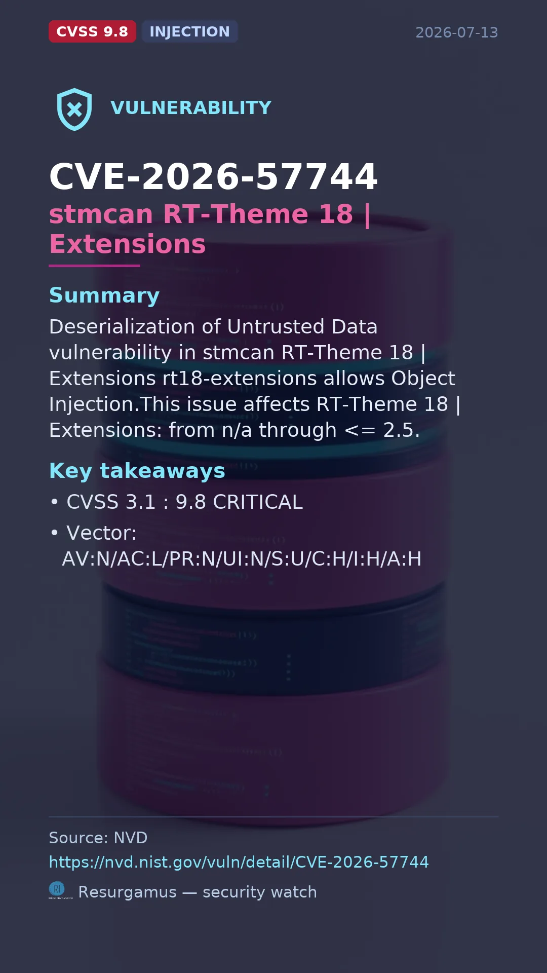 CVE-2026-57744 stmcan RT-Theme 18 | Extensions Vulnerability