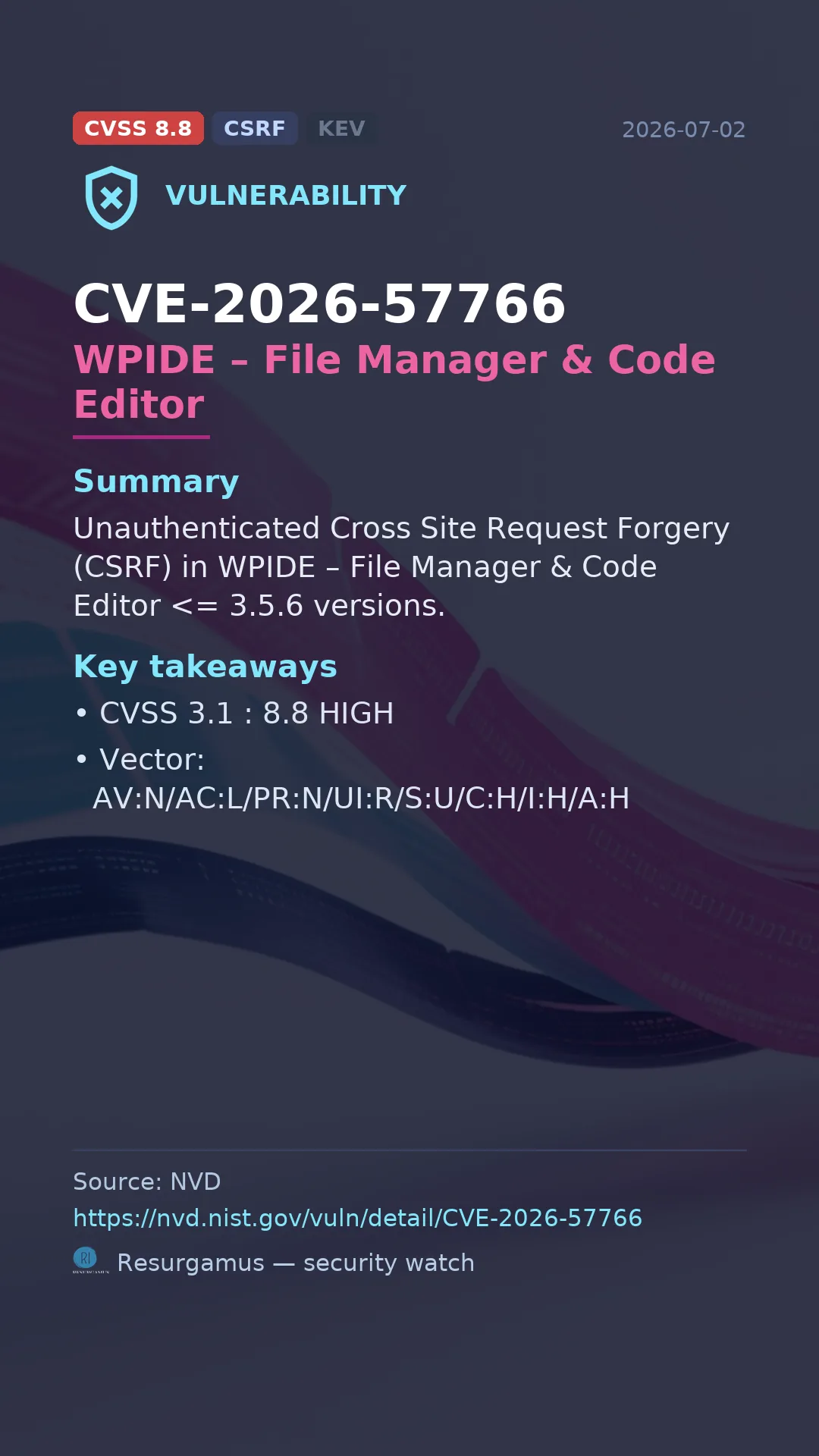 CVE-2026-57766 WPIDE – File Manager & Code Editor Vulnerability