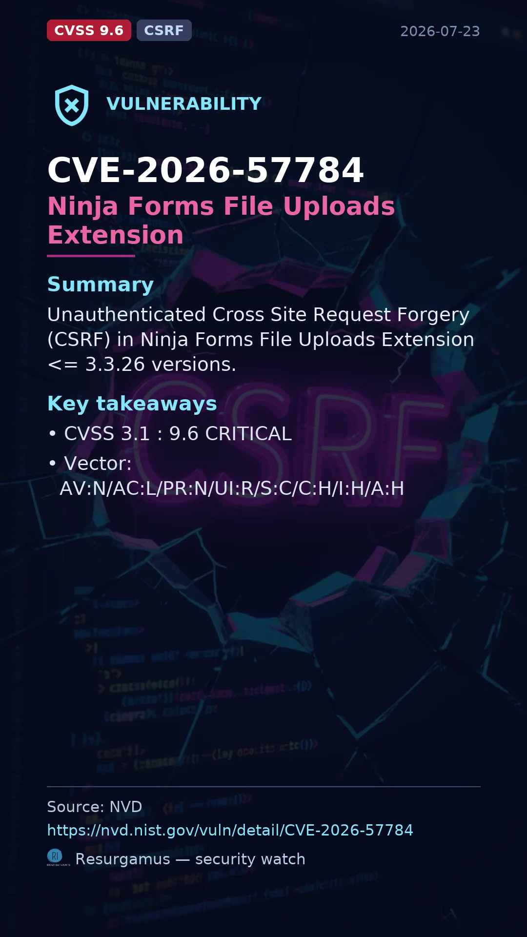 CVE-2026-57784 Ninja Forms File Uploads Extension Vulnerability