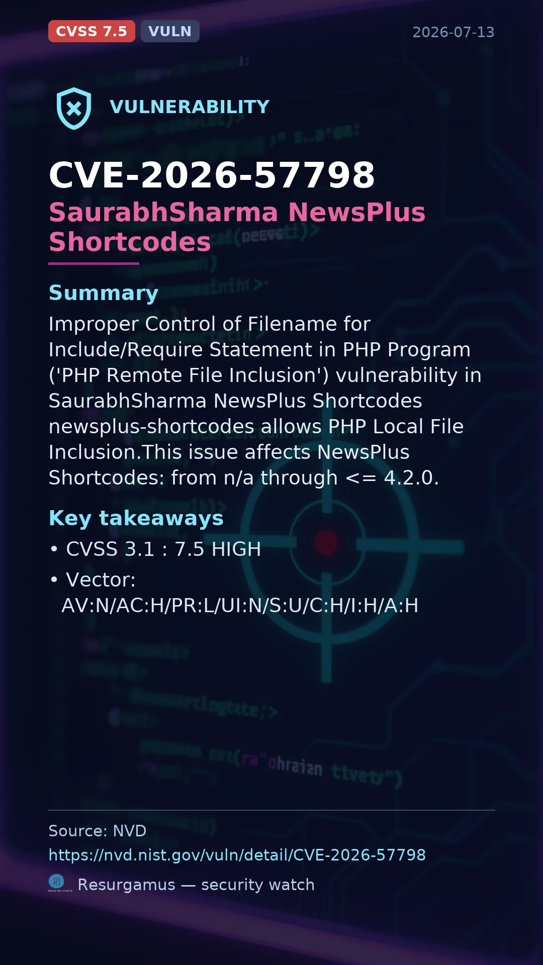 CVE-2026-57798 SaurabhSharma NewsPlus Shortcodes Vulnerability