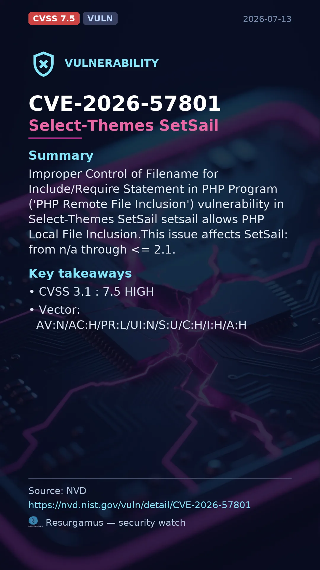 CVE-2026-57801 Select-Themes SetSail Vulnerability