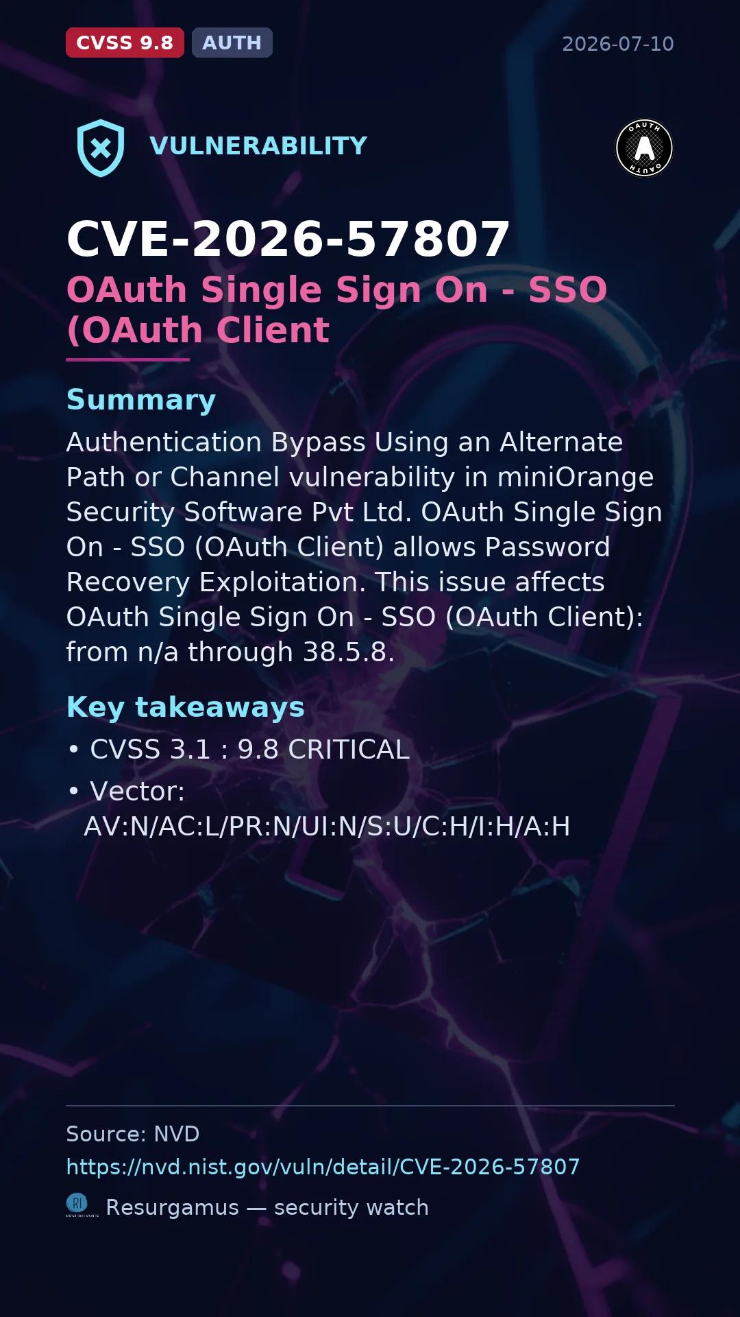 CVE-2026-57807 OAuth Single Sign On - SSO (OAuth Client Vulnerability