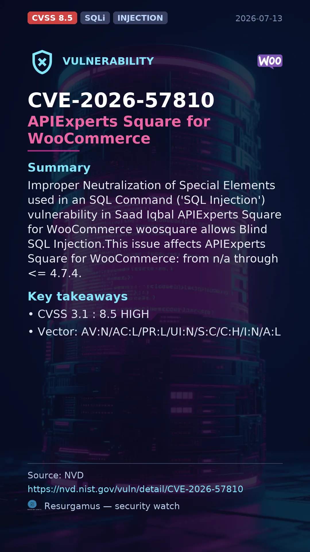 CVE-2026-57810 APIExperts Square for WooCommerce Vulnerability