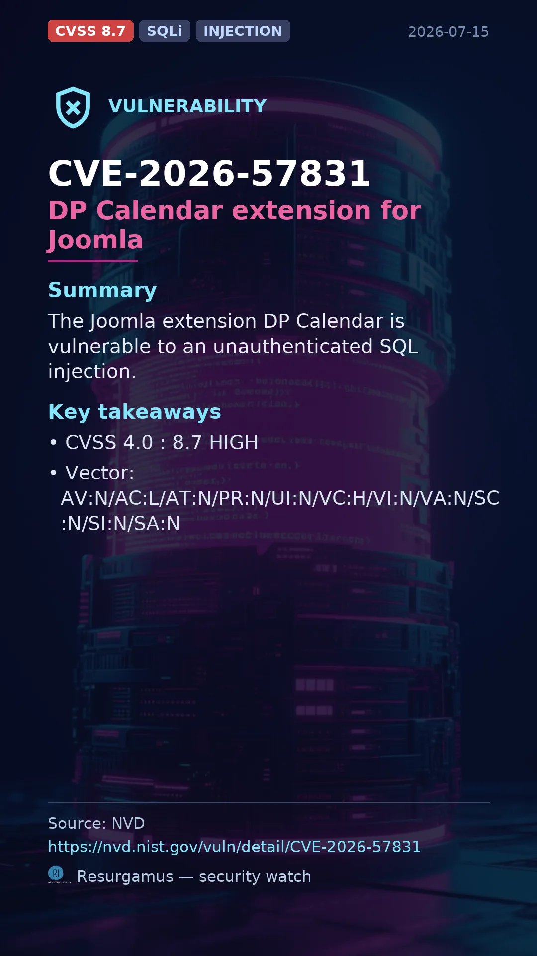 CVE-2026-57831 DP Calendar extension for Joomla Vulnerability