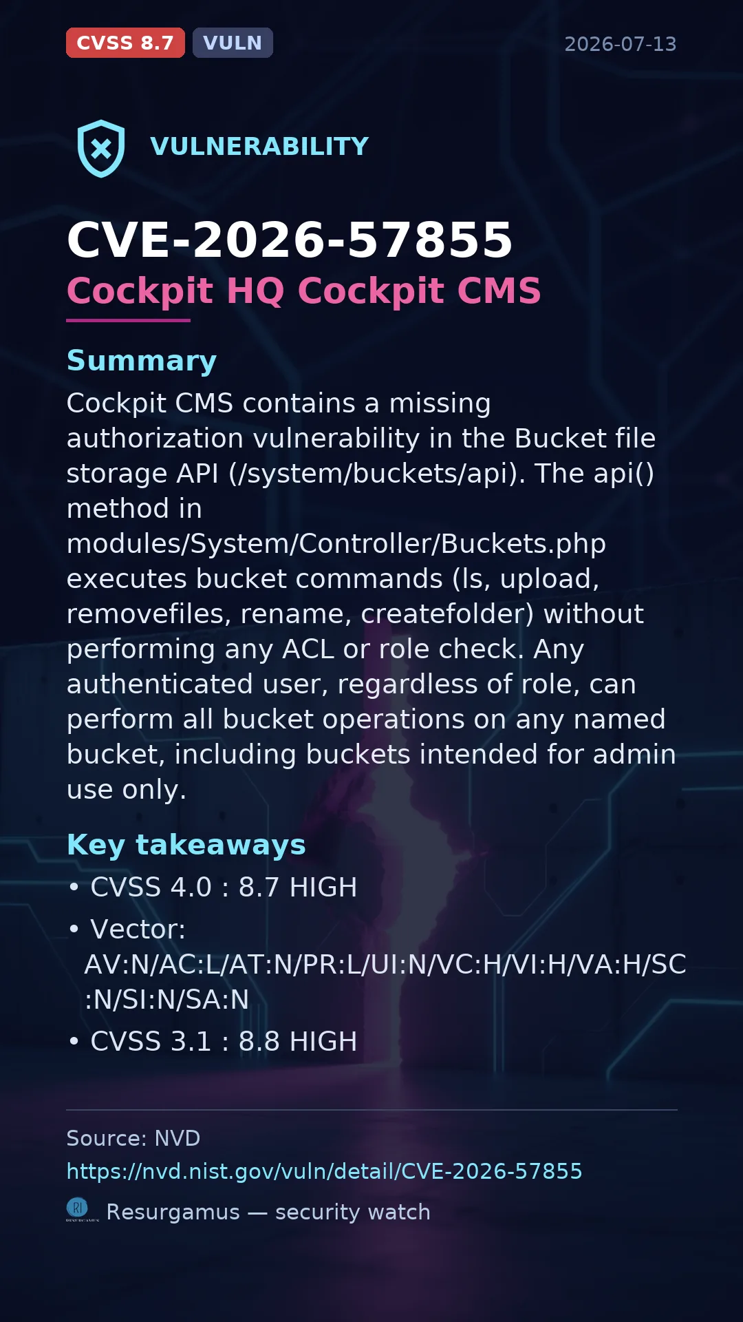 CVE-2026-57855 Cockpit HQ Cockpit CMS Vulnerability