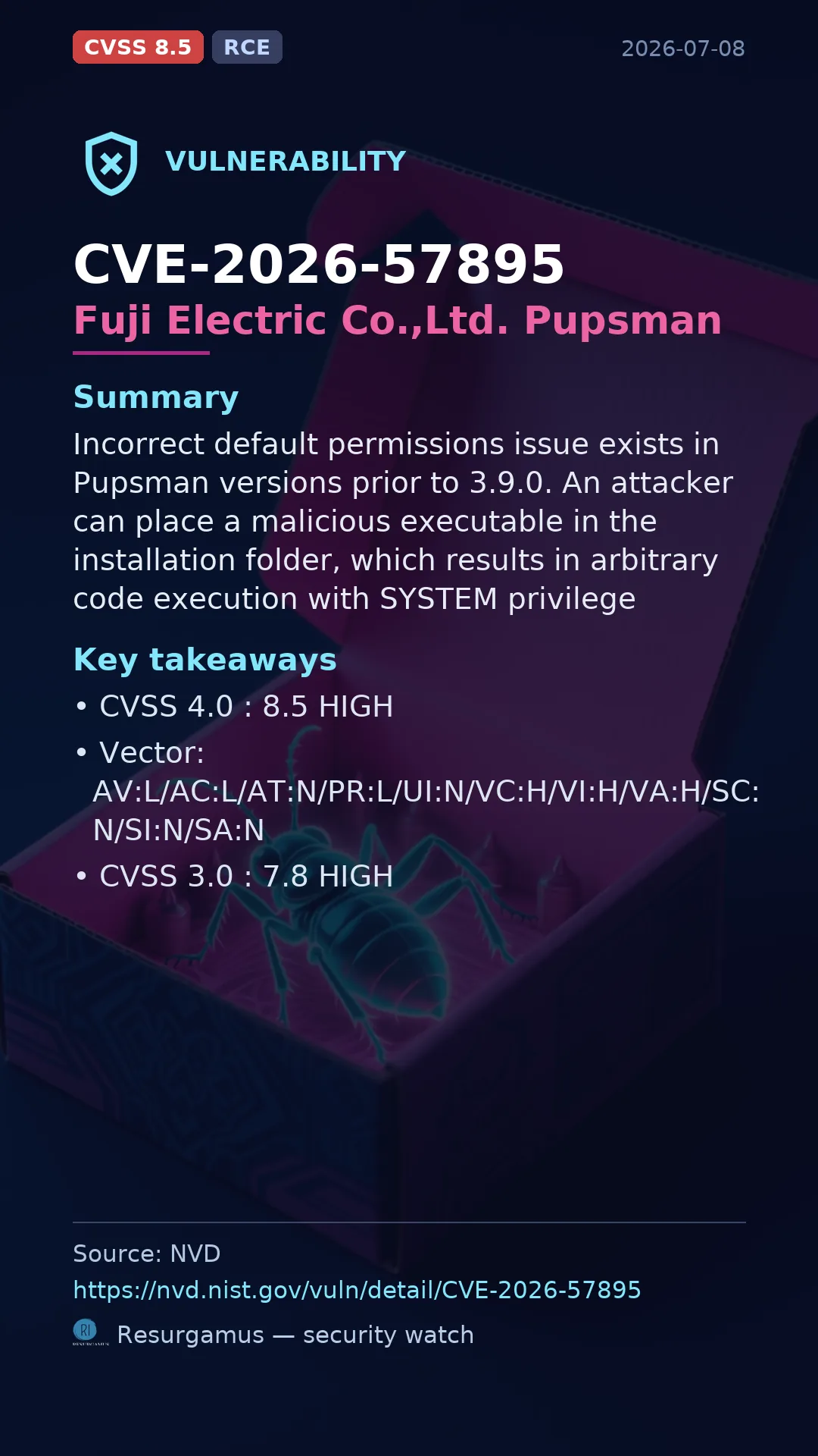 CVE-2026-57895 Fuji Electric Co.,Ltd. Pupsman Vulnerability