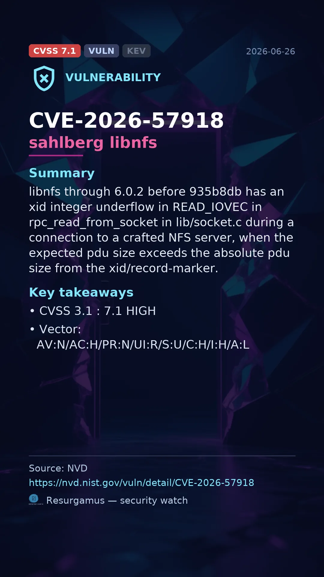 CVE-2026-57918 sahlberg libnfs Vulnerability
