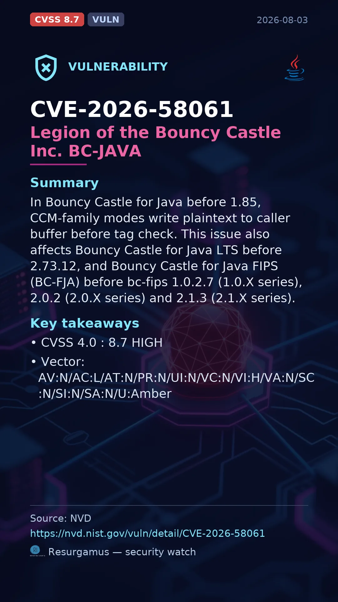 CVE-2026-58061 Legion of the Bouncy Castle Inc. BC-JAVA Vulnerability
