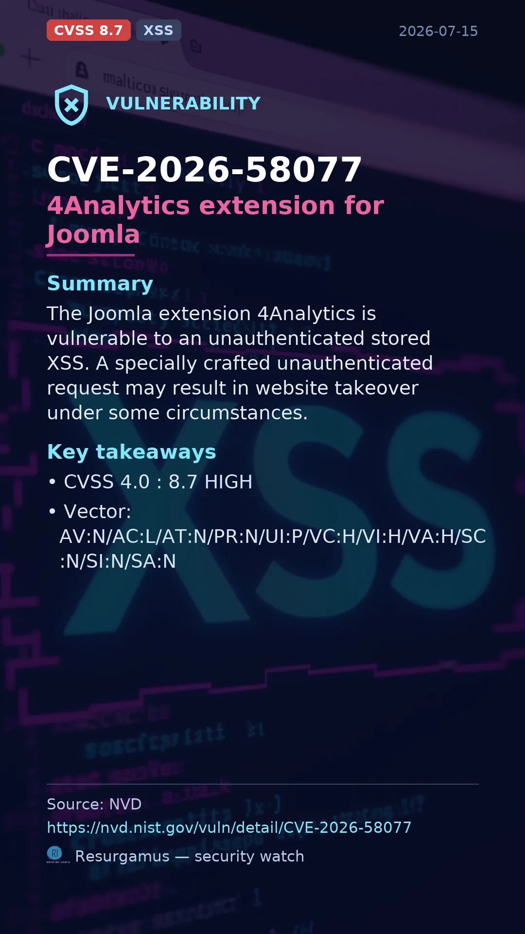 CVE-2026-58077 4Analytics extension for Joomla Vulnerability