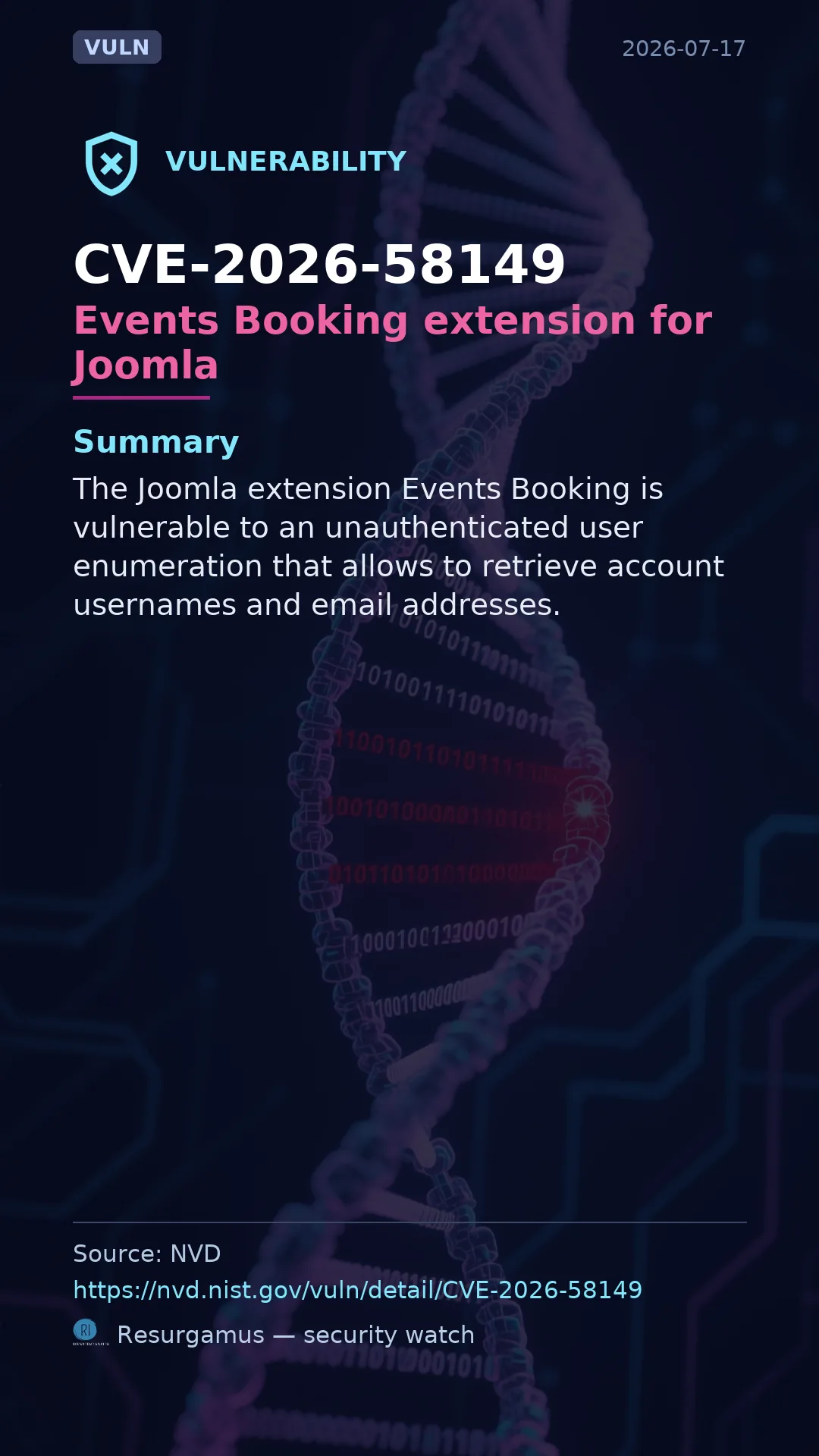 CVE-2026-58149 Events Booking extension for Joomla Vulnerability