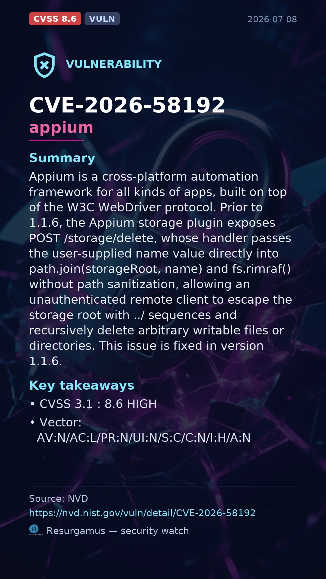 CVE-2026-58192 appium Vulnerability