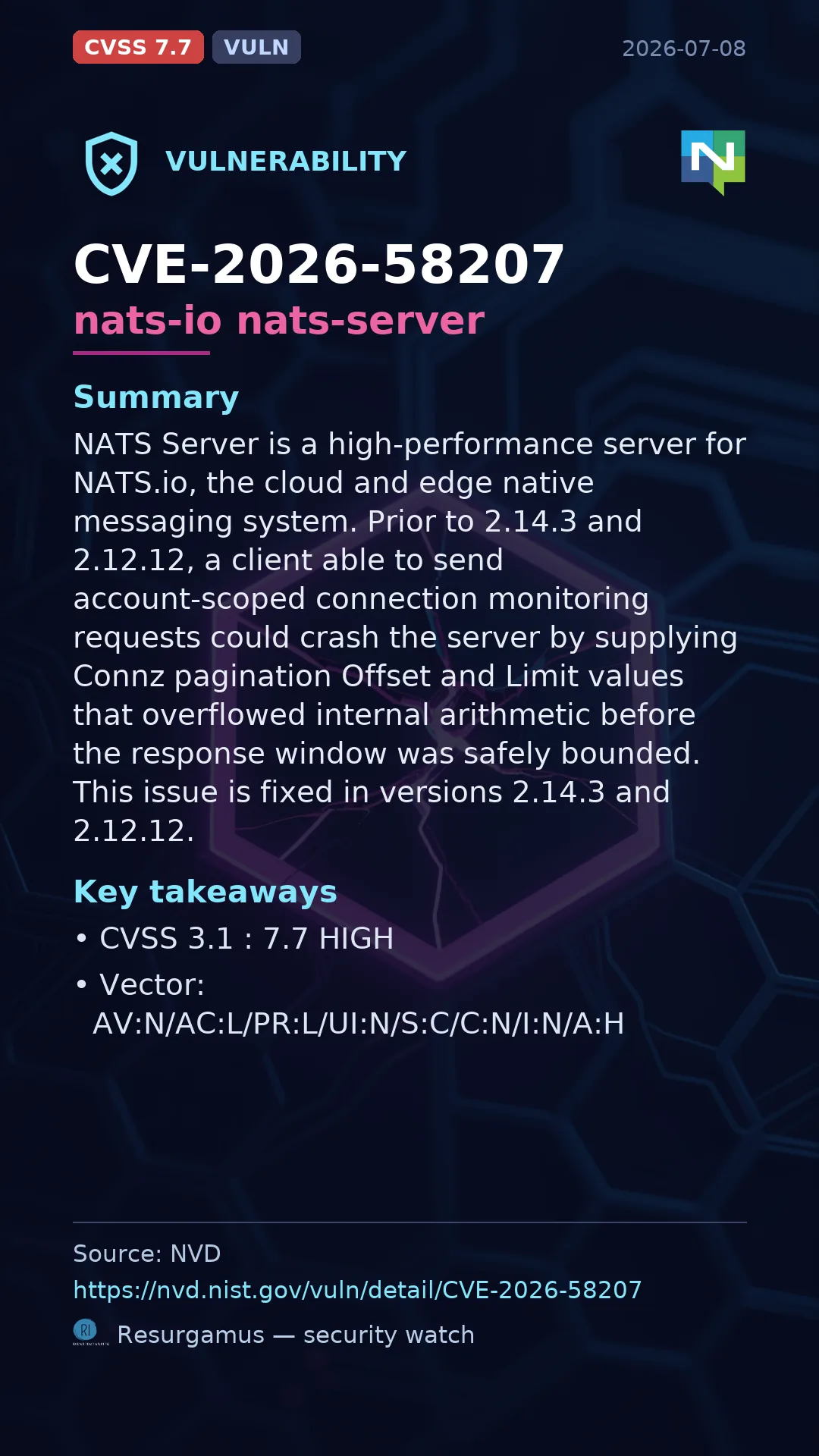 CVE-2026-58207 nats-io nats-server Vulnerability