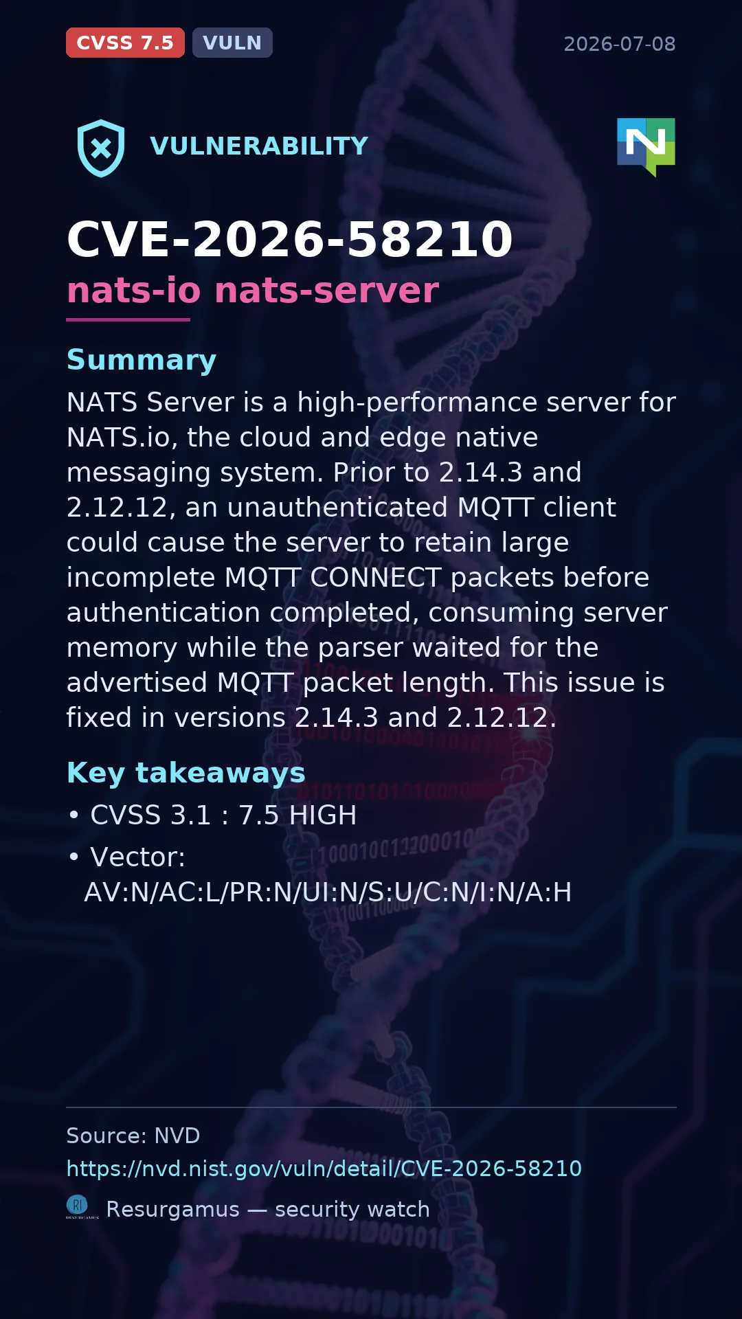CVE-2026-58210 nats-io nats-server Vulnerability