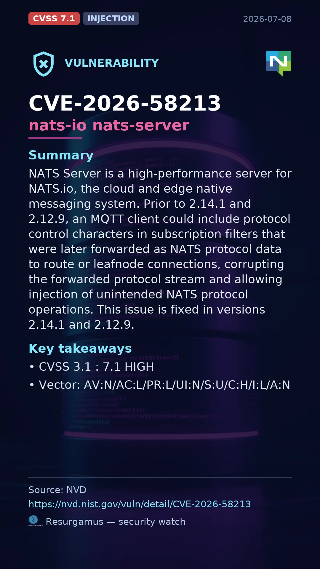 CVE-2026-58213 nats-io nats-server Vulnerability