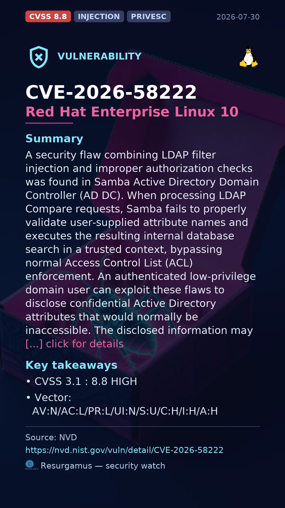 CVE-2026-58222 Red Hat Enterprise Linux 10 Vulnerability