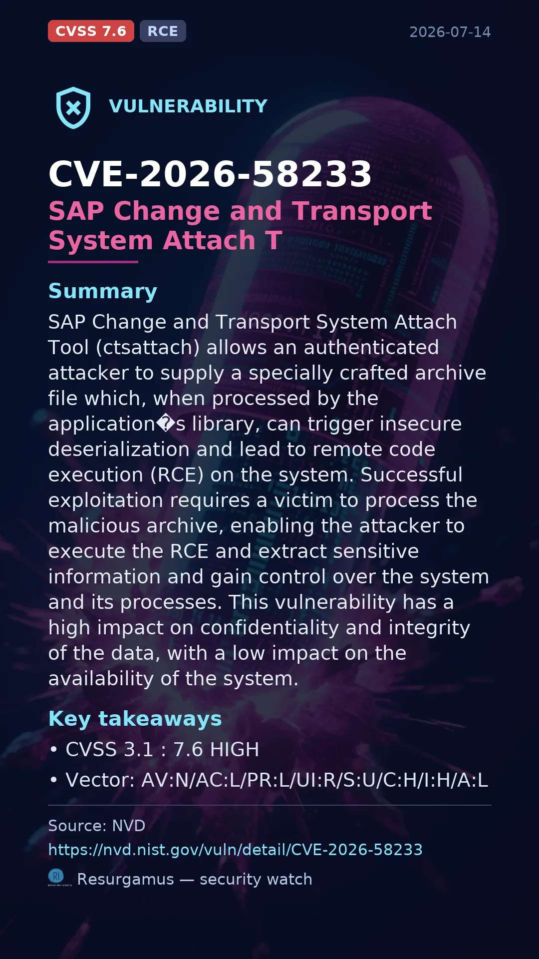 CVE-2026-58233 SAP Change and Transport System Attach T Vulnerability