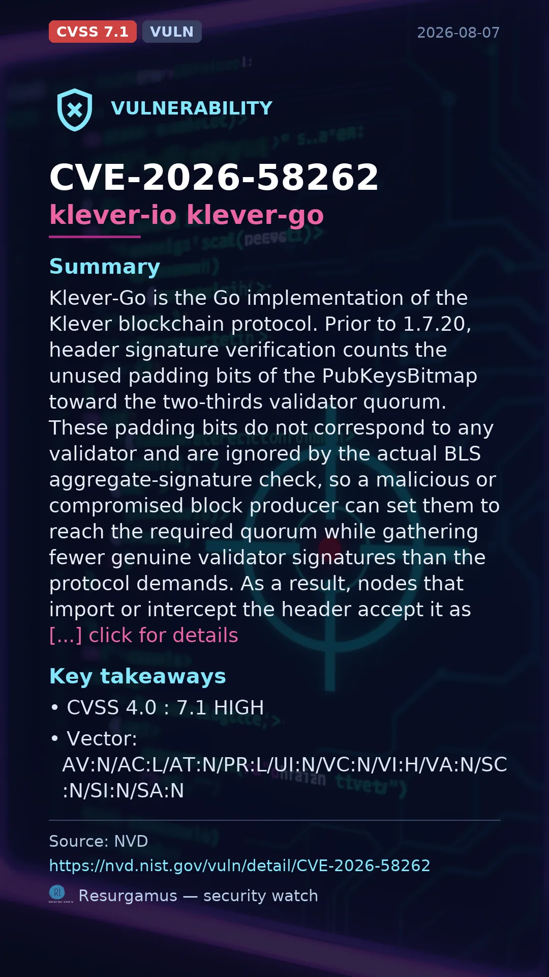 CVE-2026-58262 klever-io klever-go Vulnerability