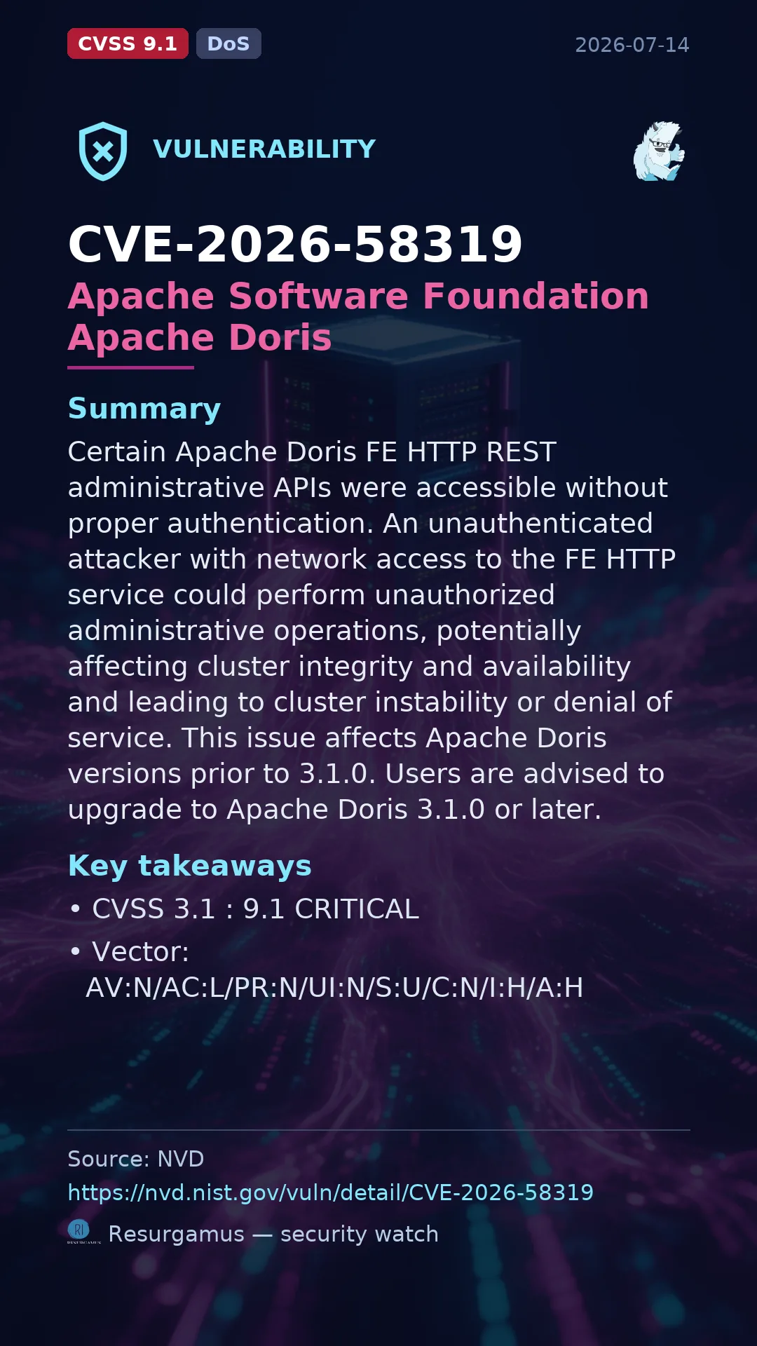 CVE-2026-58319 Apache Software Foundation Apache Doris Vulnerability