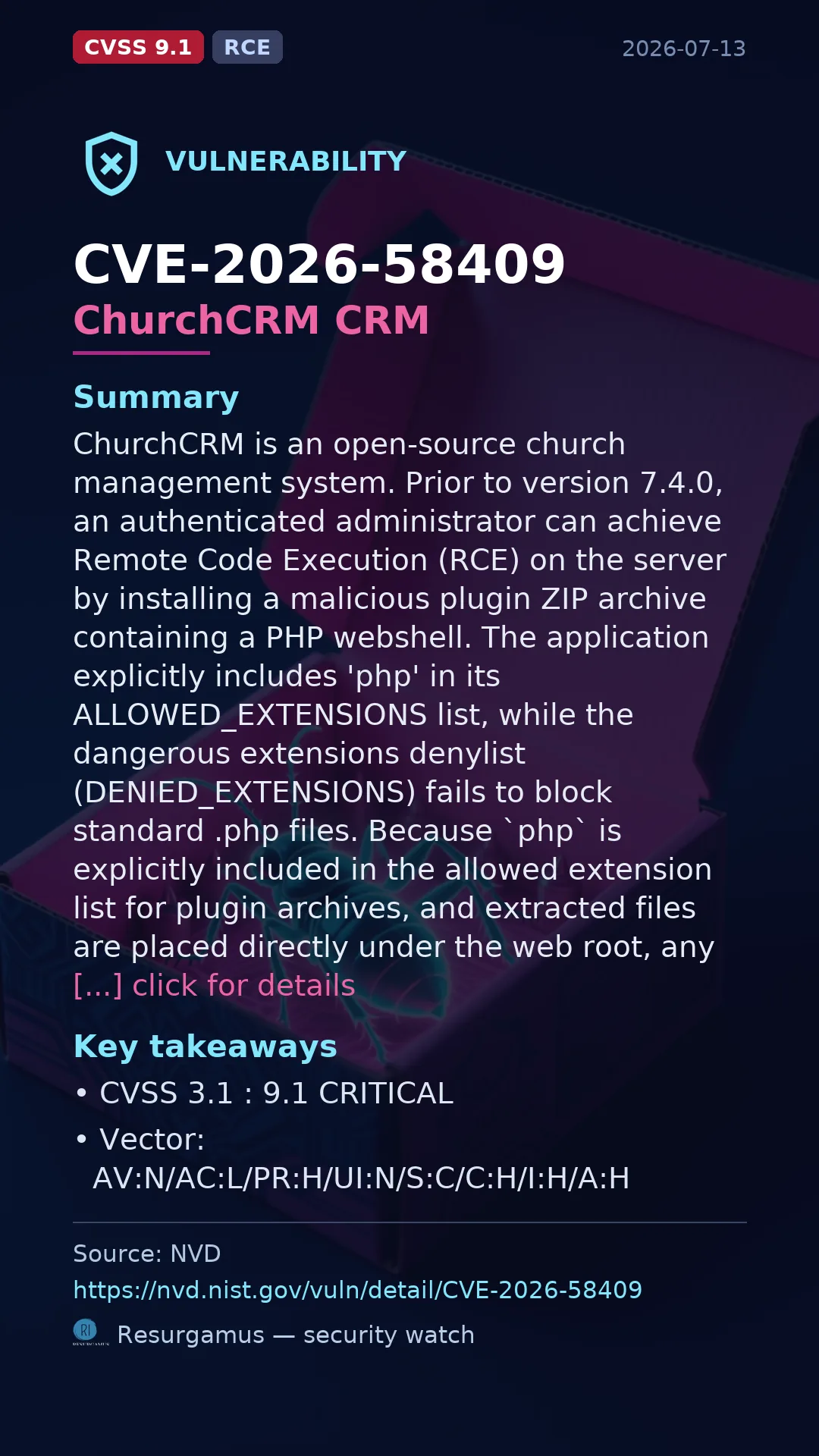 CVE-2026-58409 ChurchCRM CRM Vulnerability