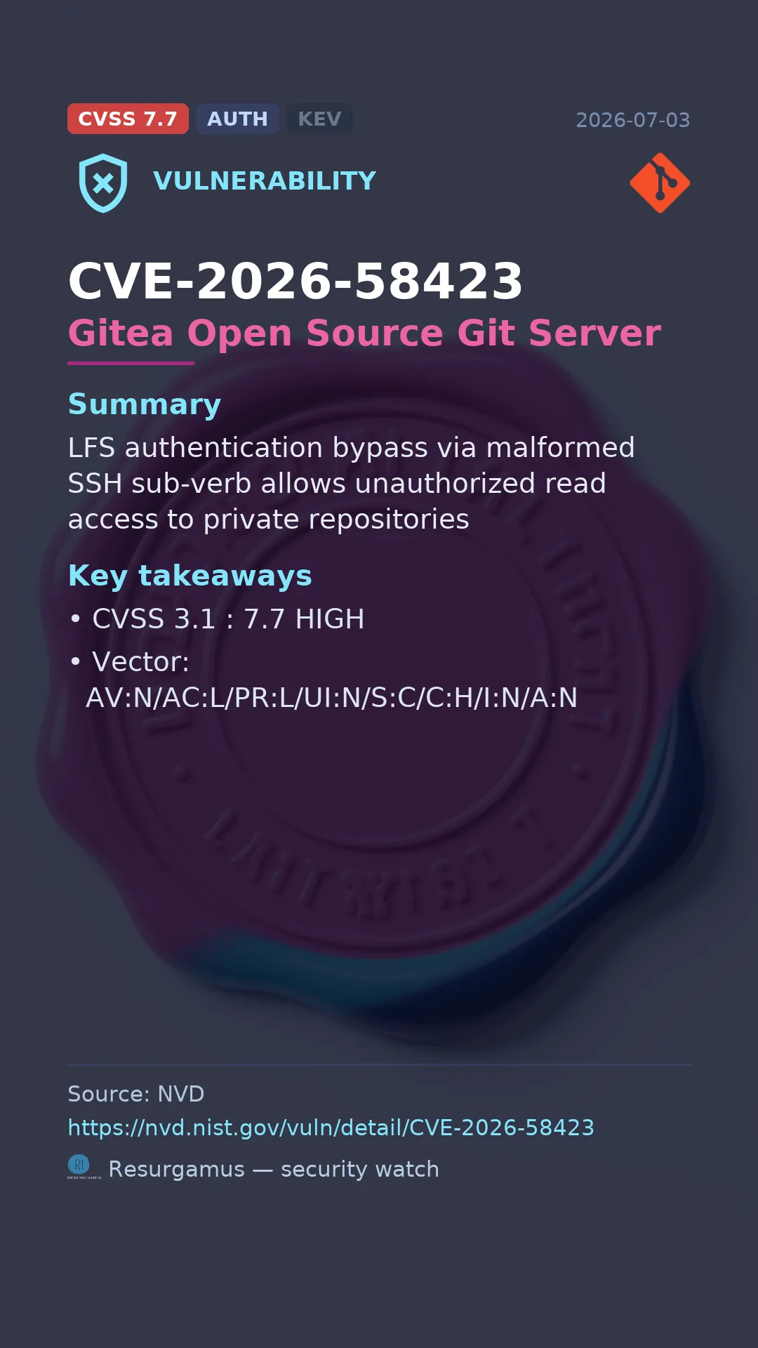 CVE-2026-58423 Gitea Open Source Git Server Vulnerability