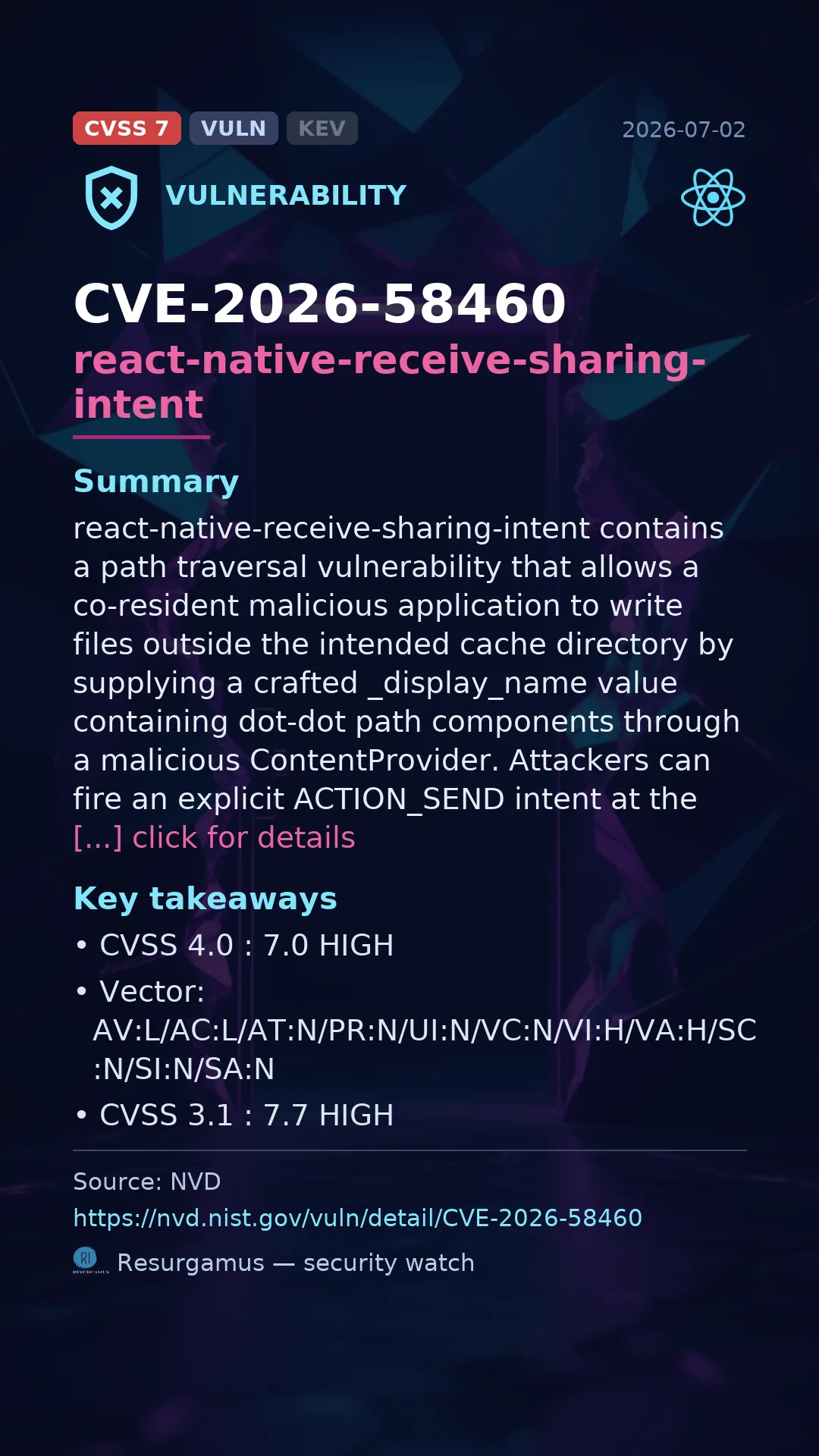 CVE-2026-58460 react-native-receive-sharing-intent Vulnerability
