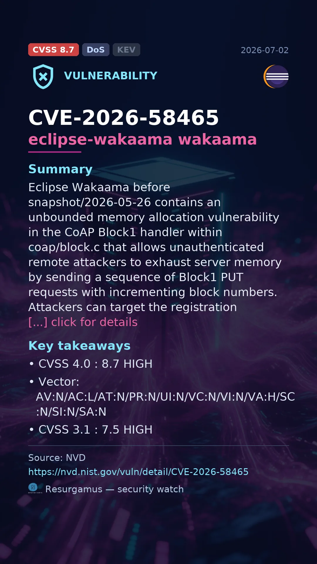 CVE-2026-58465 eclipse-wakaama wakaama Vulnerability