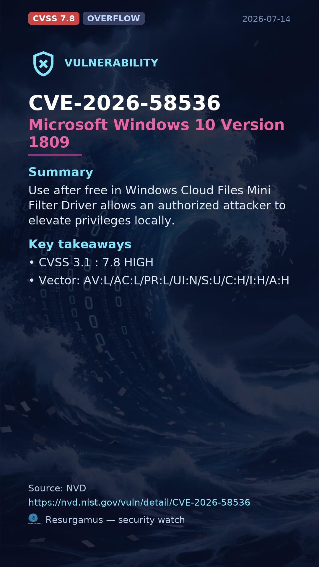 CVE-2026-58536 Microsoft Windows 10 Version 1809 Vulnerability