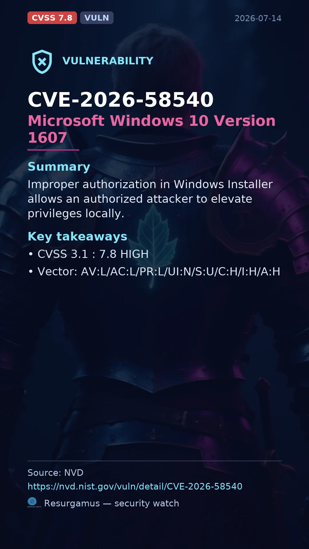 CVE-2026-58540 Microsoft Windows 10 Version 1607 Vulnerability