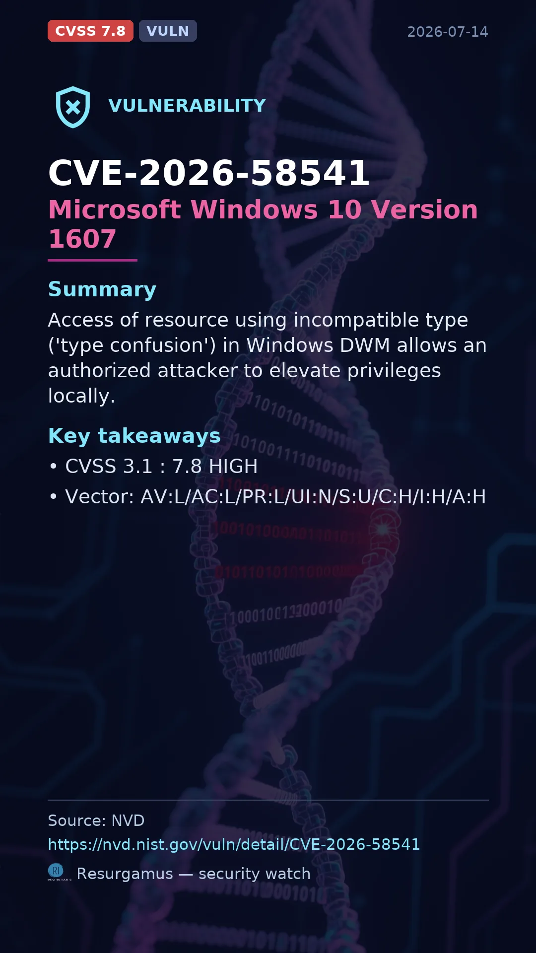 CVE-2026-58541 Microsoft Windows 10 Version 1607 Vulnerability