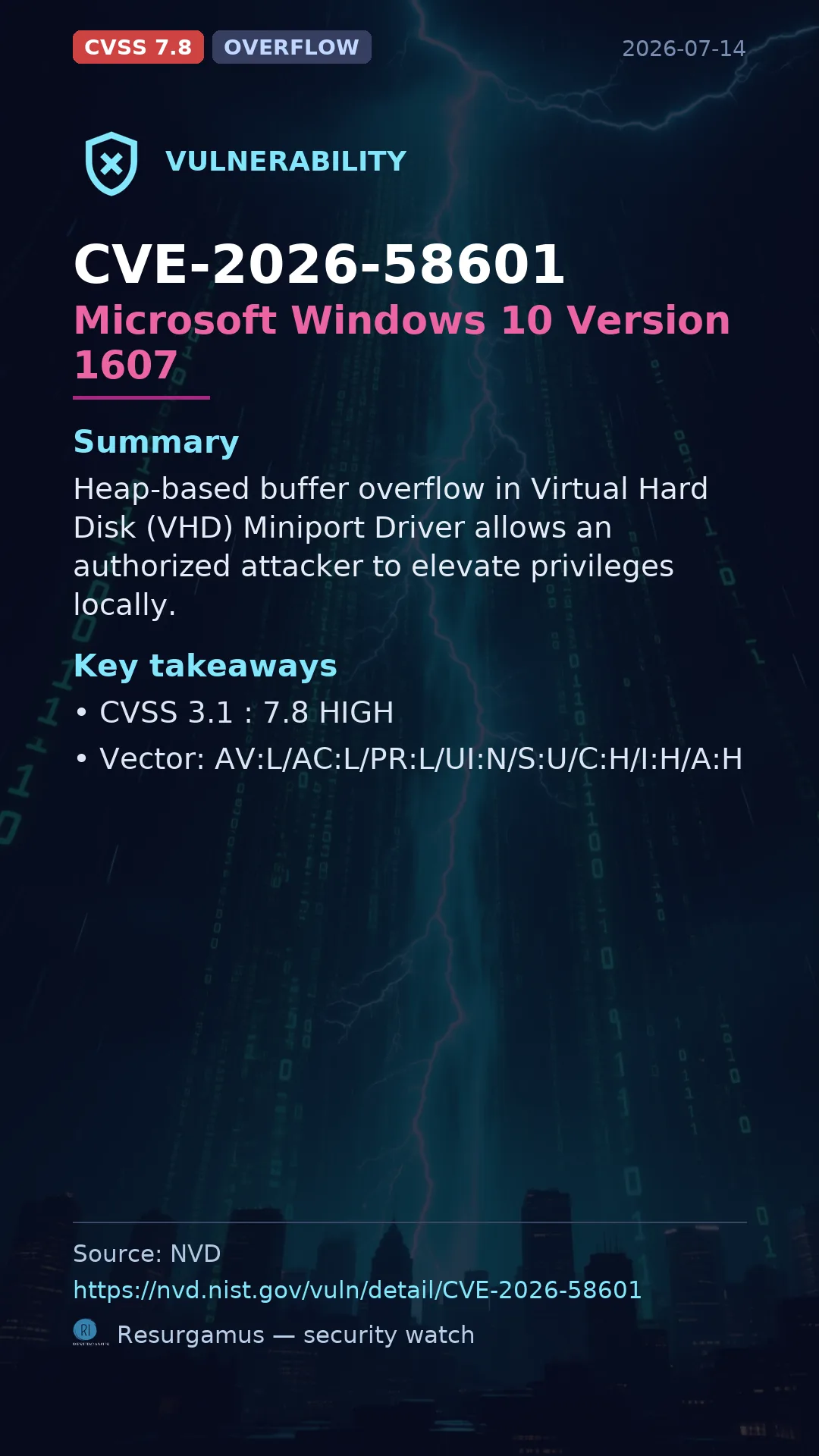 CVE-2026-58601 Microsoft Windows 10 Version 1607 Vulnerability