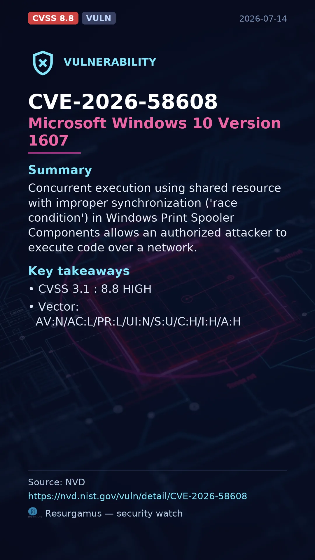 CVE-2026-58608 Microsoft Windows 10 Version 1607 Vulnerability