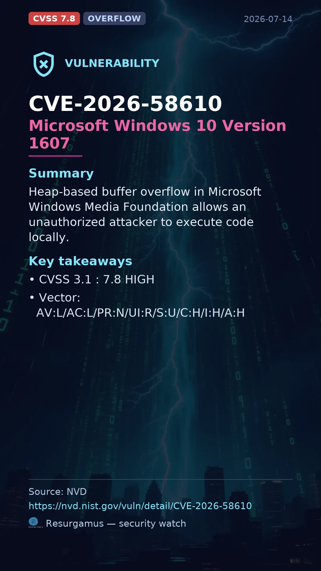 CVE-2026-58610 Microsoft Windows 10 Version 1607 Vulnerability
