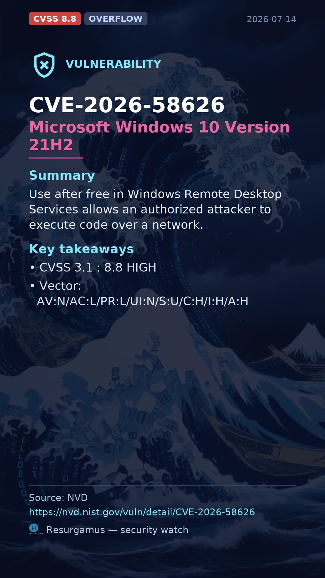 CVE-2026-58626 Microsoft Windows 10 Version 21H2 Vulnerability