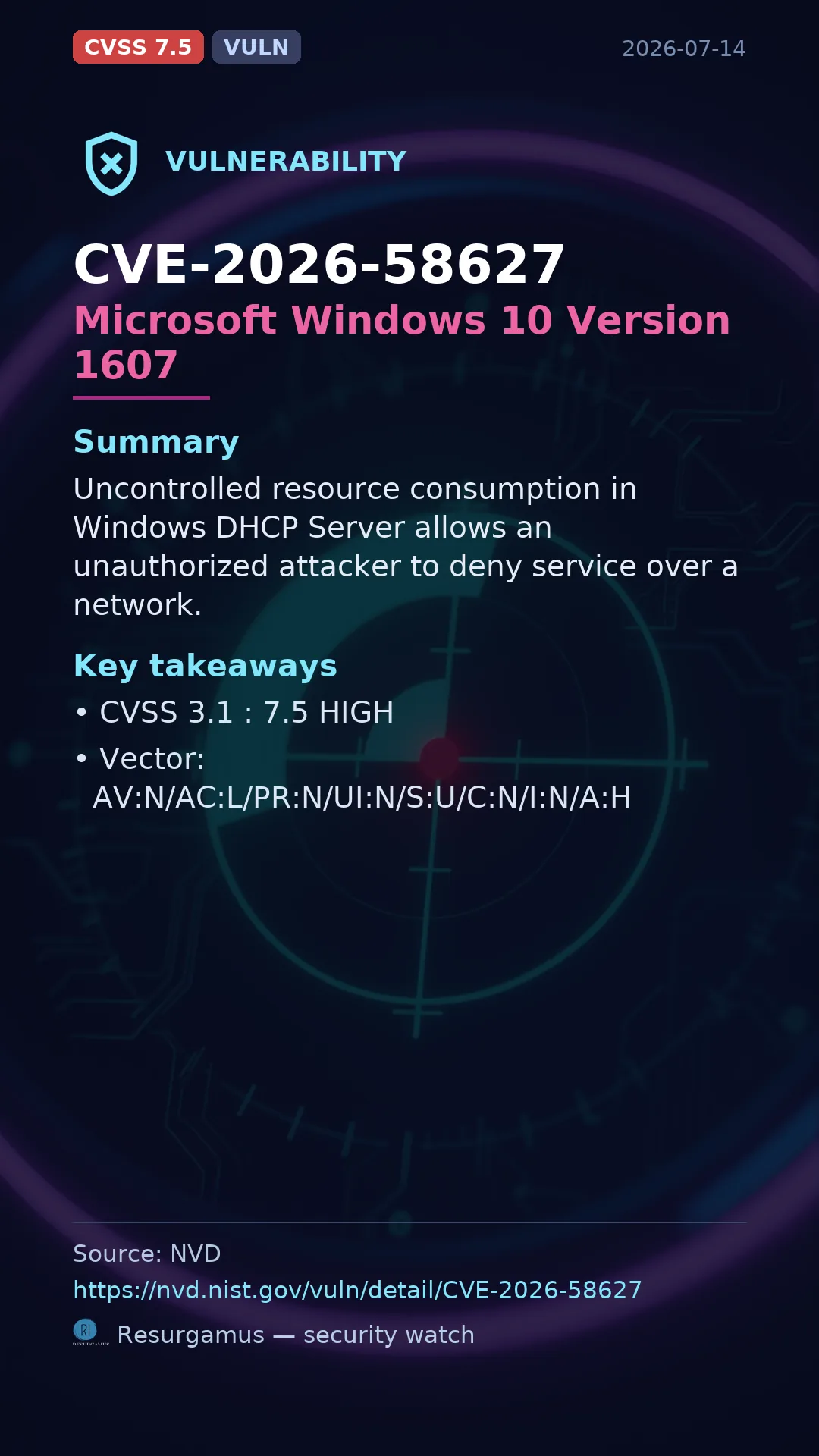 CVE-2026-58627 Microsoft Windows 10 Version 1607 Vulnerability