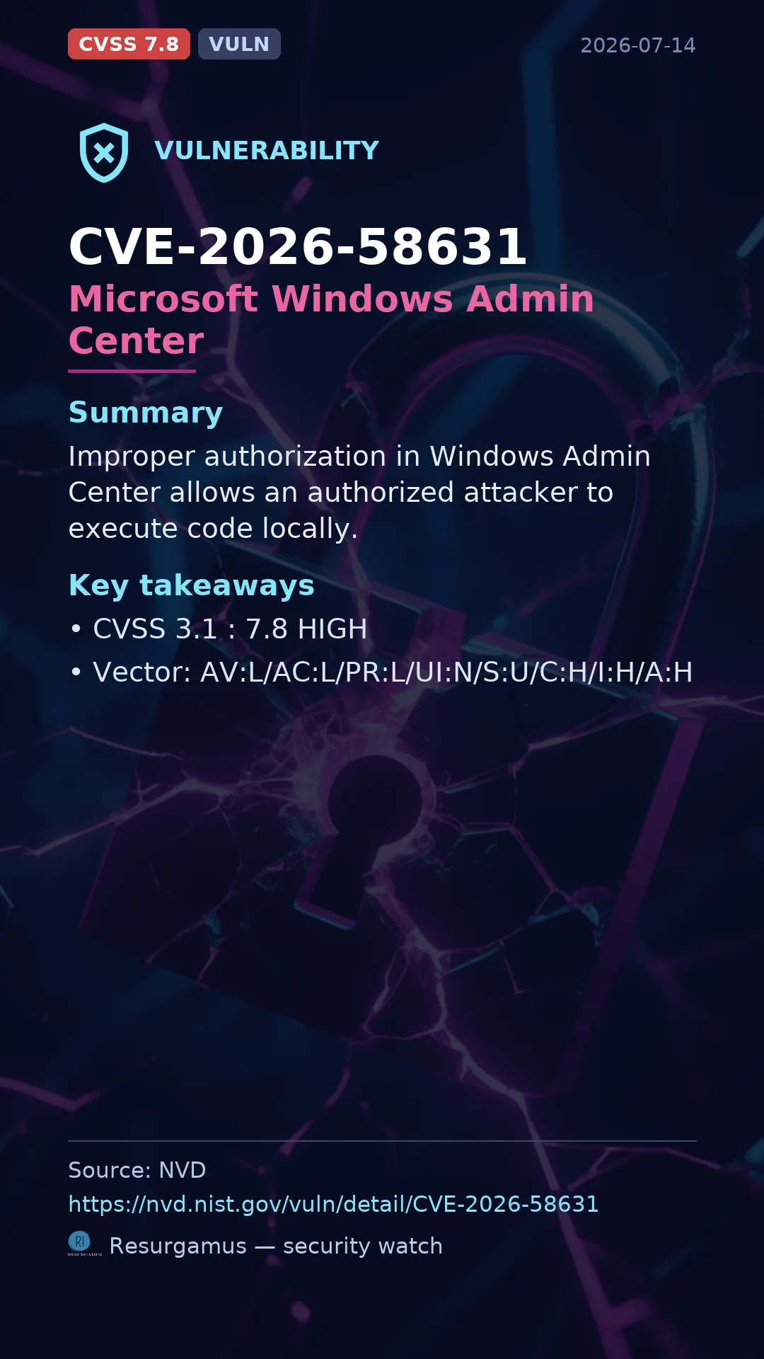 CVE-2026-58631 Microsoft Windows Admin Center Vulnerability