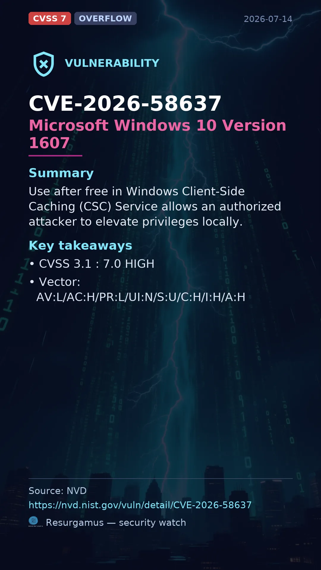 CVE-2026-58637 Microsoft Windows 10 Version 1607 Vulnerability